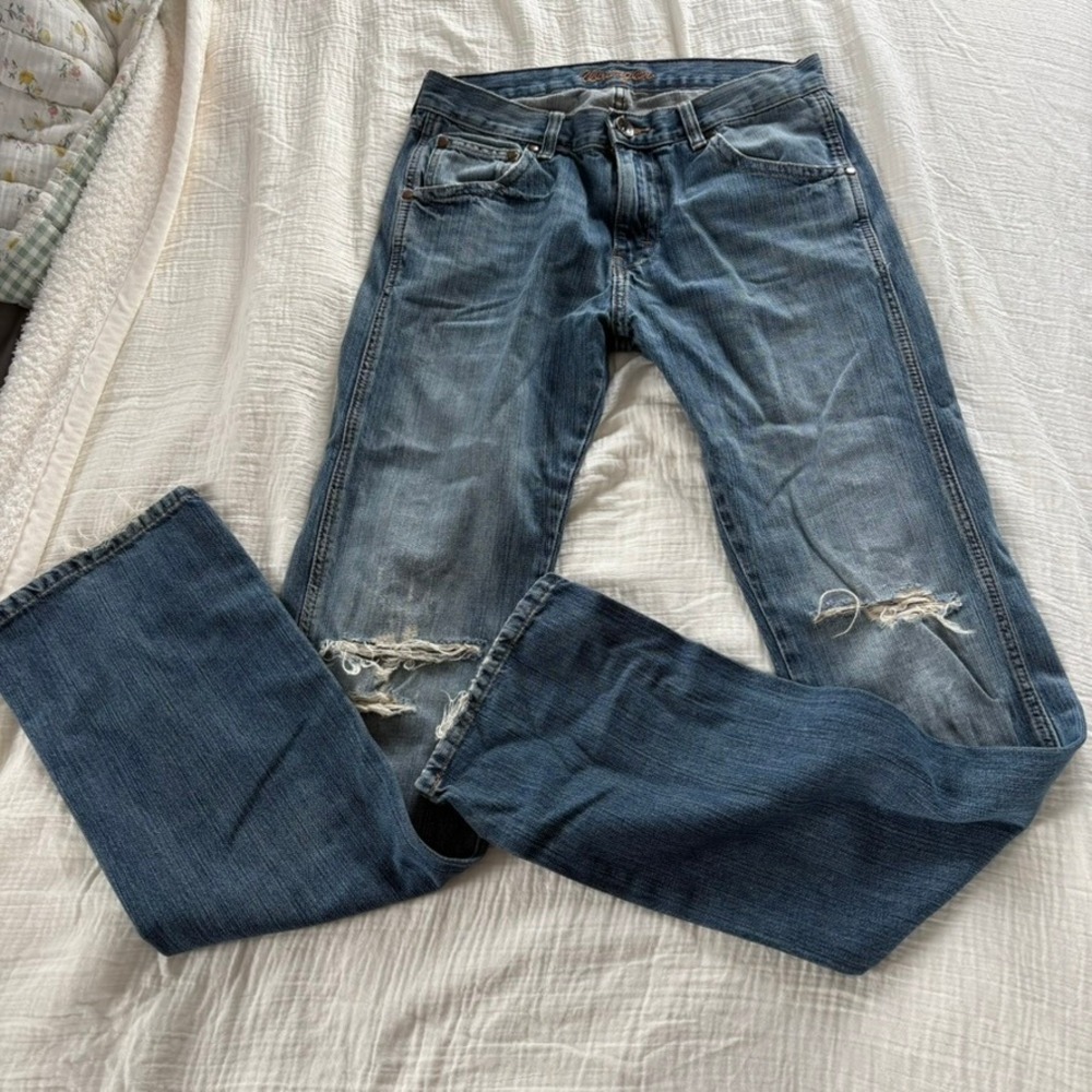 Wrangler Jeans Distressed Cotton Blue Straight Leg Mid Rise Denim Casual 31